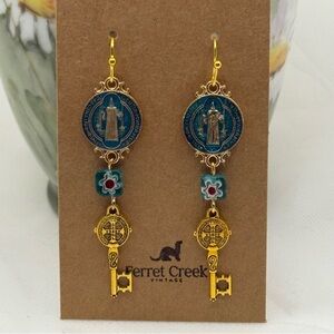 St. Benedict medal key Gold and Blue Key Murano Glass Earrings Catholic Jewelry